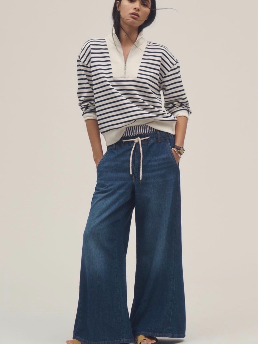 Anthropologie Navy Wide-Leg Drawstring Jeans